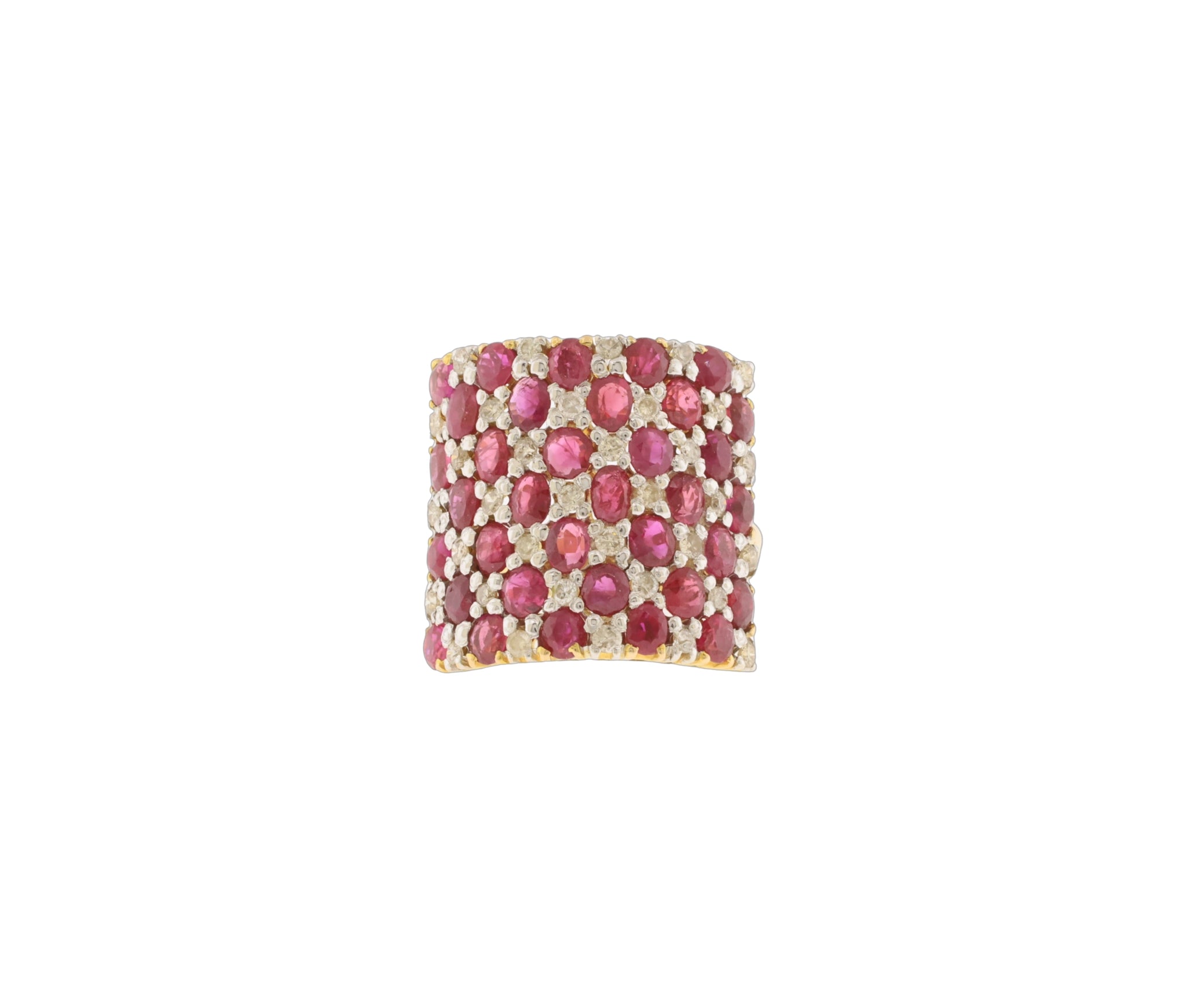 14K Yellow Gold 5.89Ct Natural Ruby & 0.74Ct Diamond Checkerboard Pave Ring