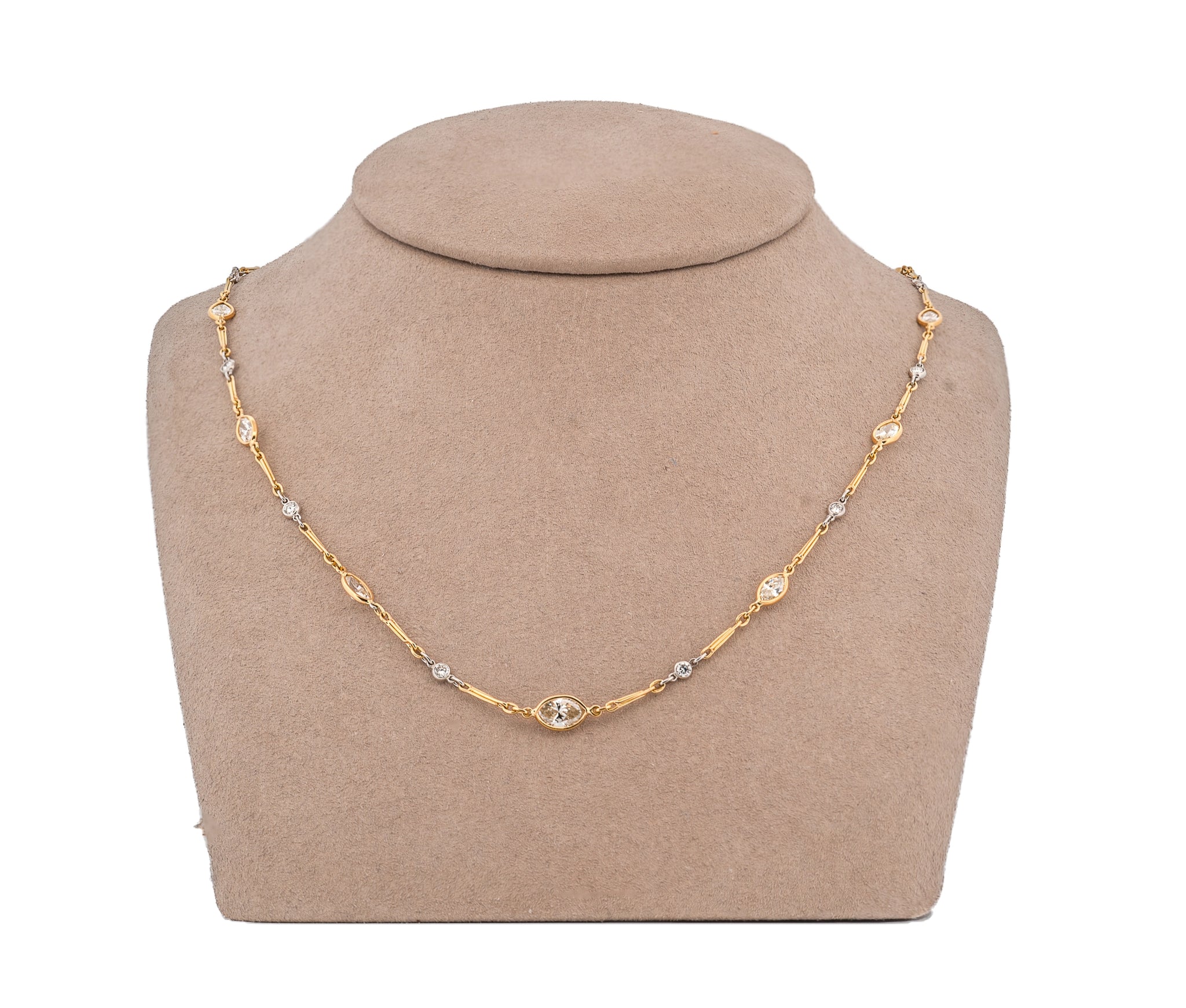 18K Yellow Gold 6.20 CTW Marquise and Round Diamonds By The Yard Necklace