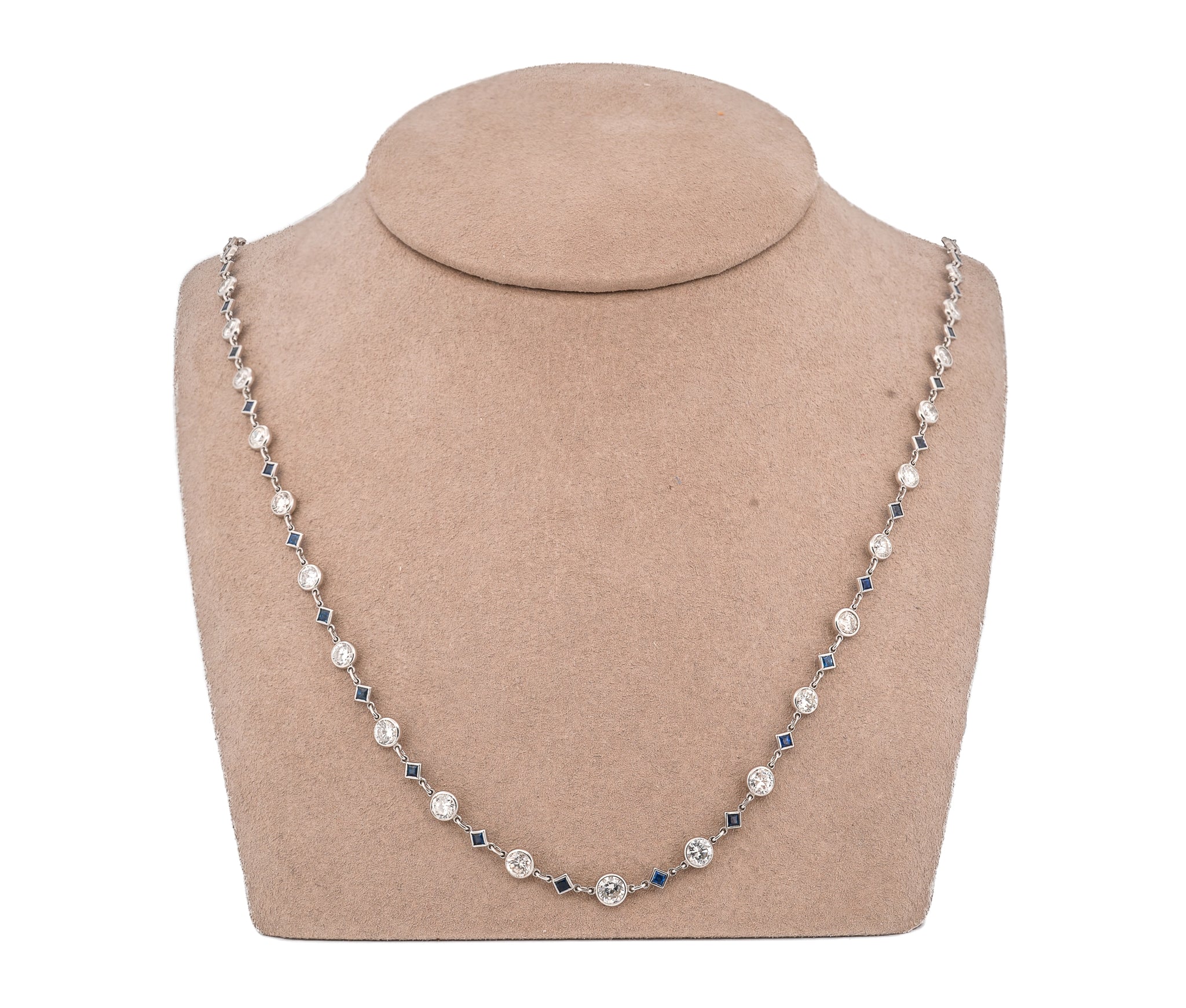 Platinum Diamonds By The Yard Necklace ( 8.76Ct Round Diamond & Square Sapphire)