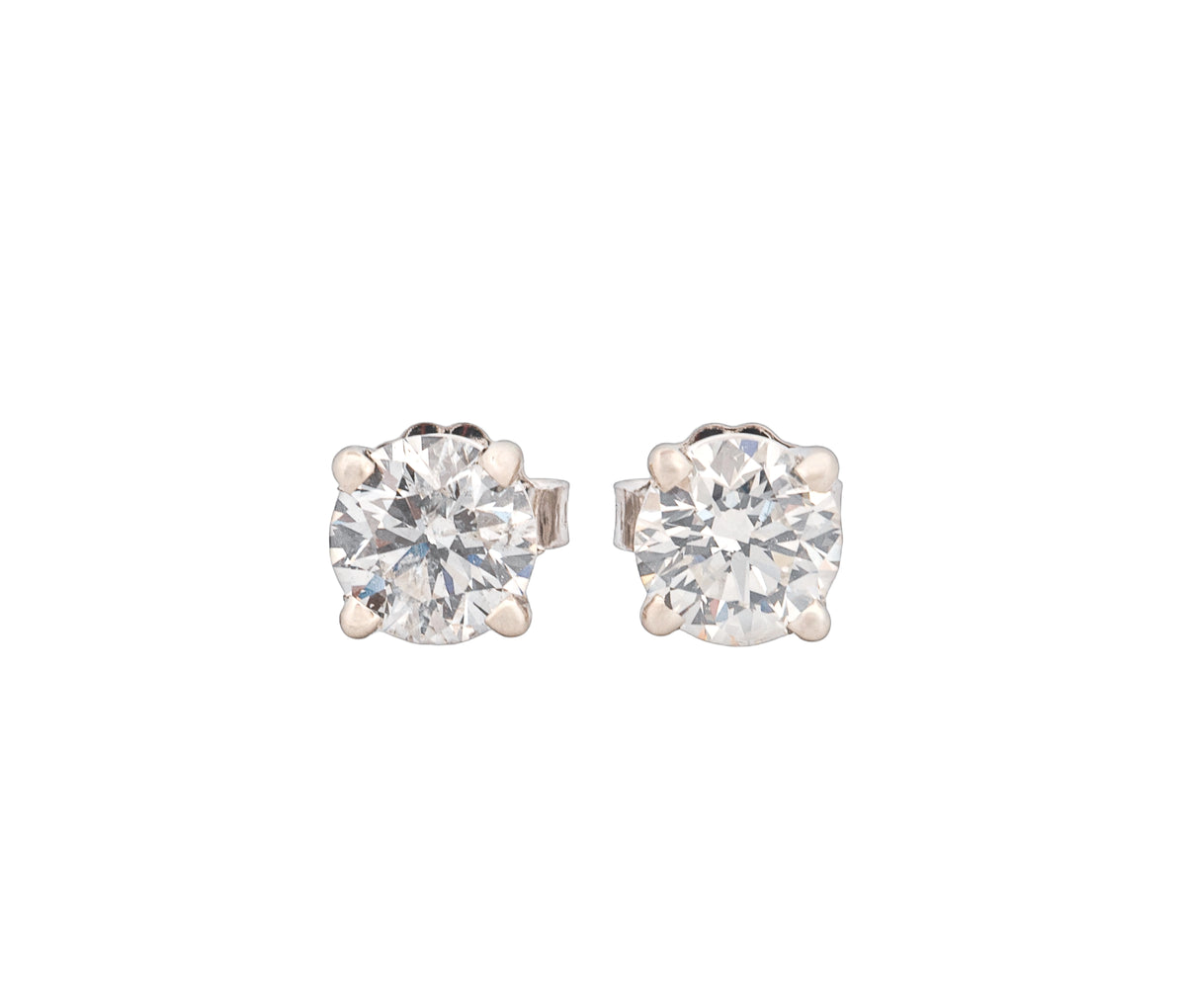 14K White Gold Diamond Studs (Round Brilliant 1.45 CTW K SI1 H I1 GIA)