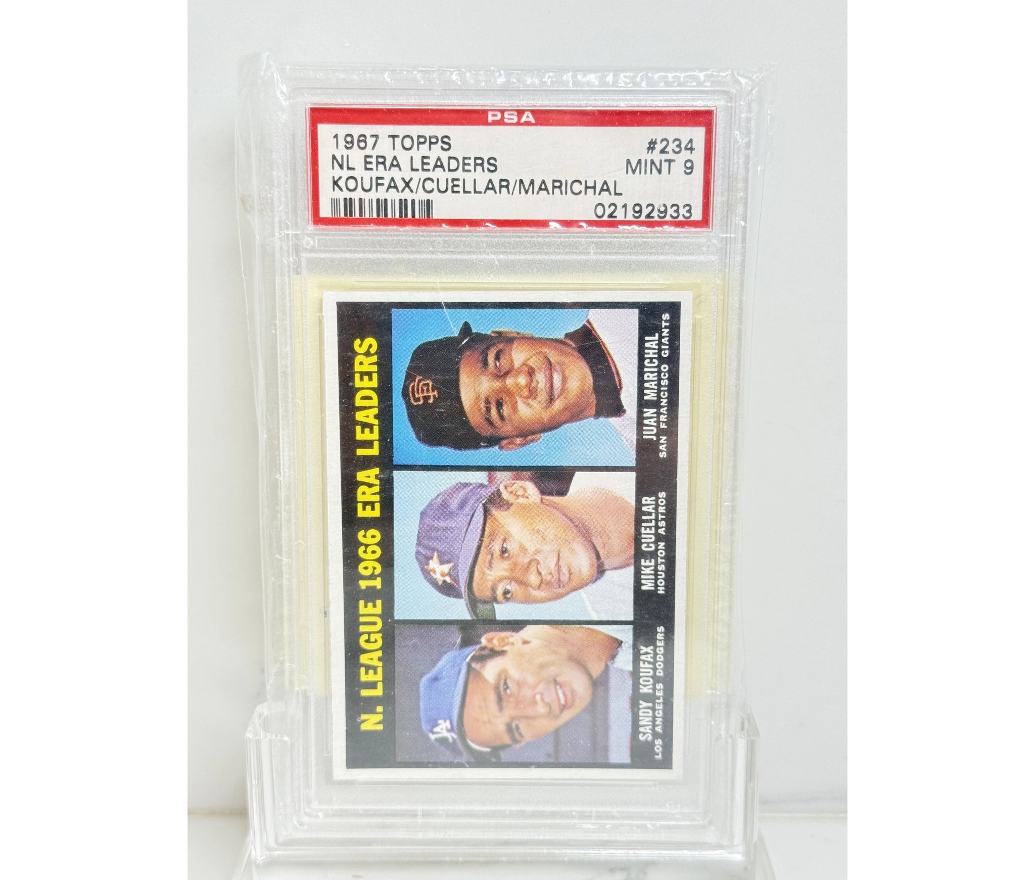 1967 Topps NL Era Leaders Sandy Koufax, Mike Cuellar & Juan Marichal PSA 9