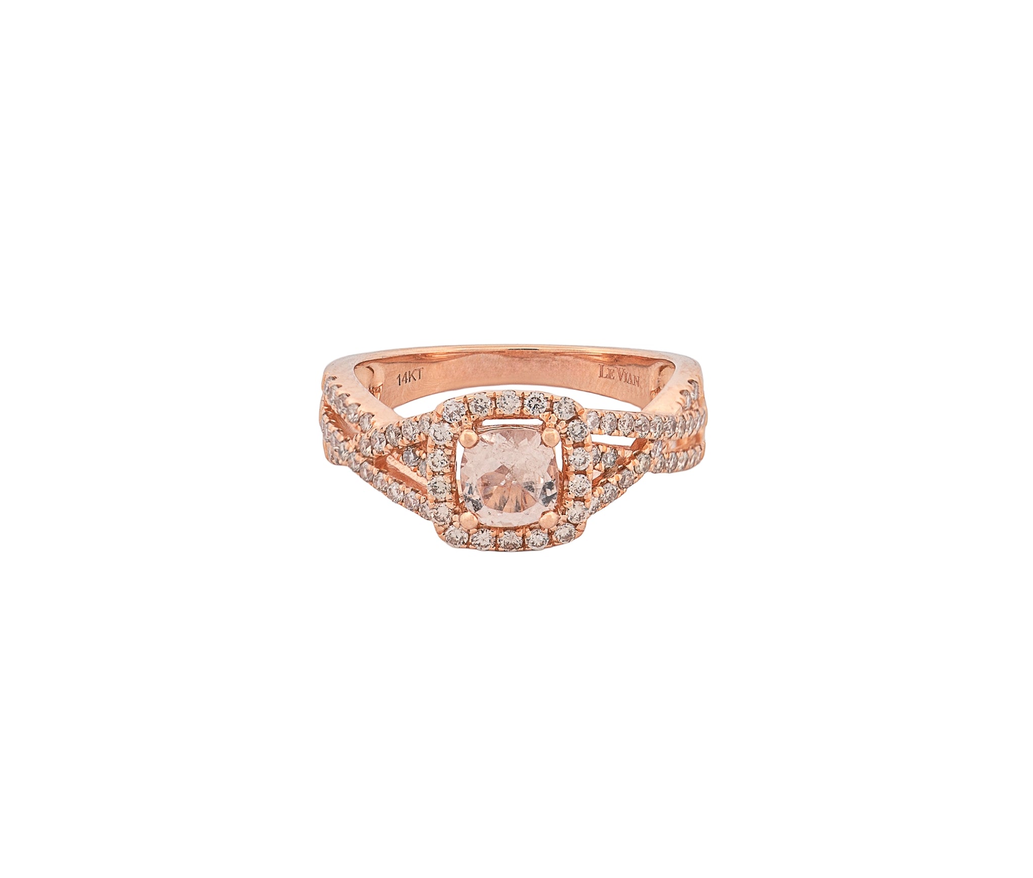 14K Rose Gold LeVian Peach Morganite & Nude Diamond Halo Style Ring