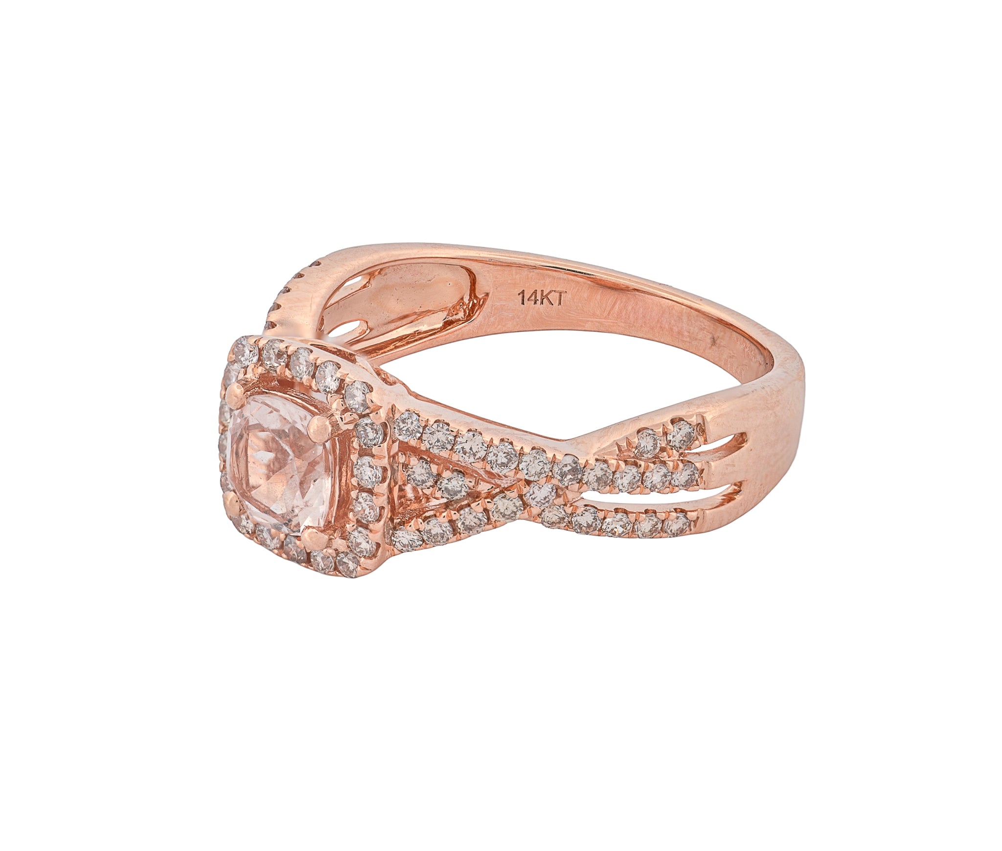 14K Rose Gold LeVian Peach Morganite & Nude Diamond Halo Style Ring