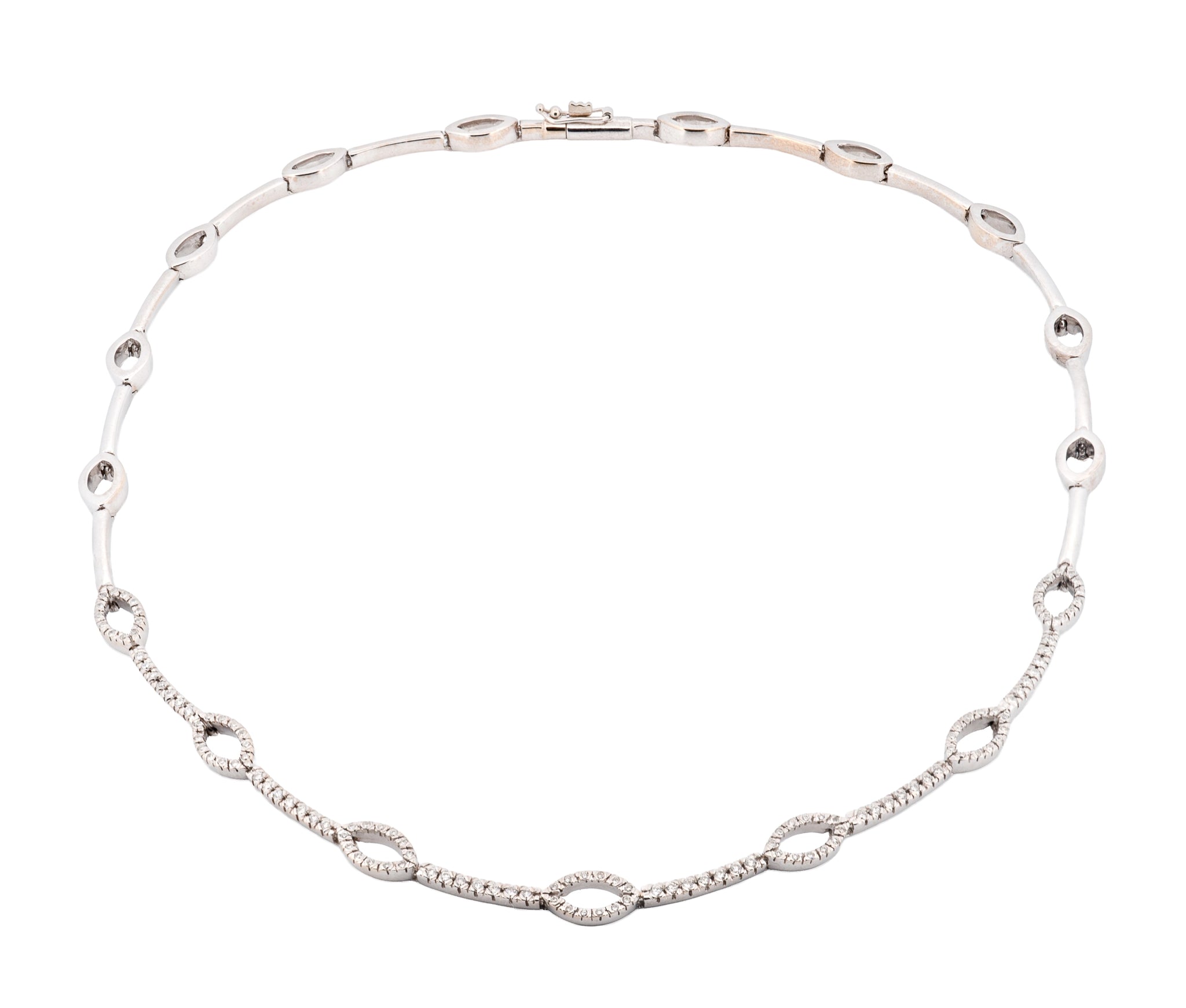 18KT White Gold Round Brilliant Cut Diamond Marquise Link Necklace