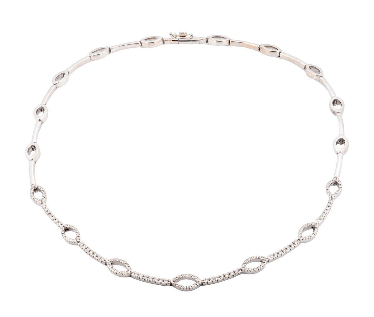 18KT White Gold Round Brilliant Cut Diamond Marquise Link Necklace