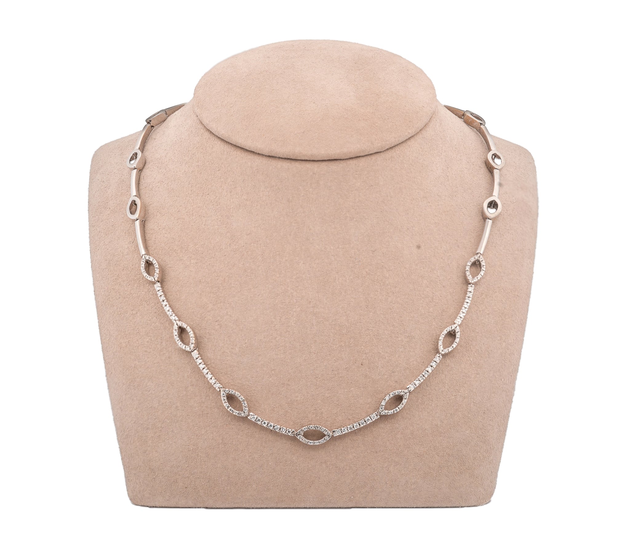 18KT White Gold Round Brilliant Cut Diamond Marquise Link Necklace