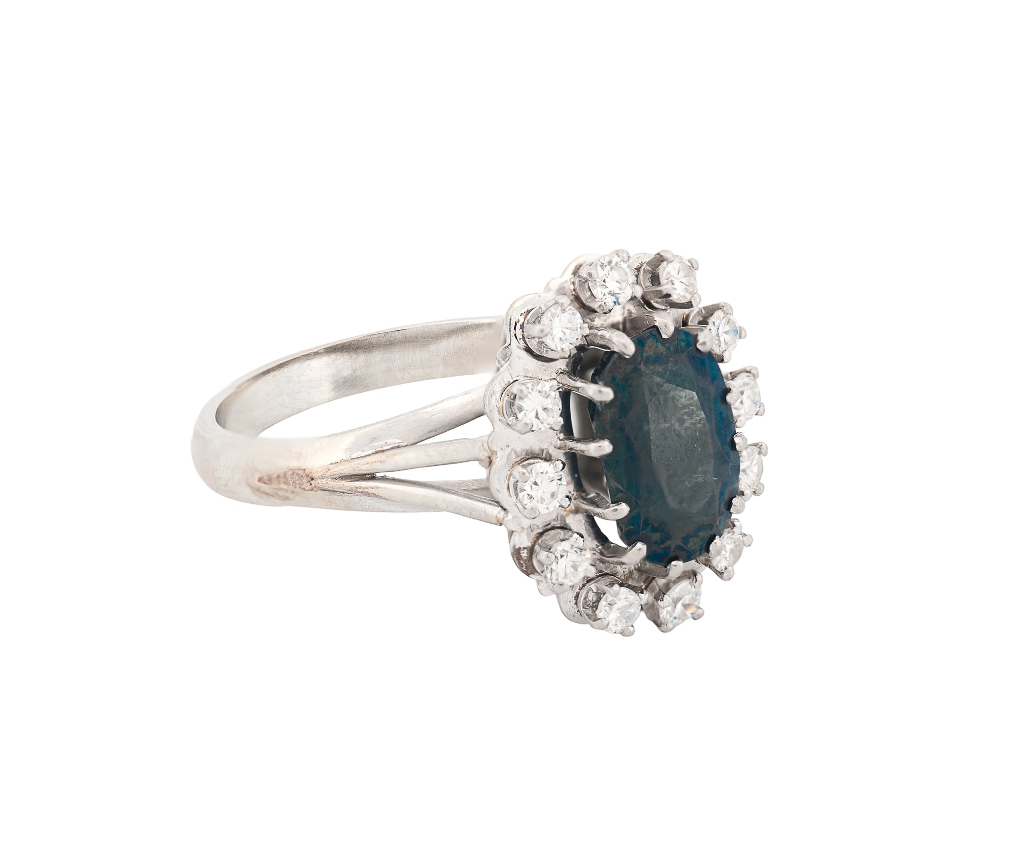 14K White Gold Blue Sapphire & Diamond Halo Ring – 3.11 CT