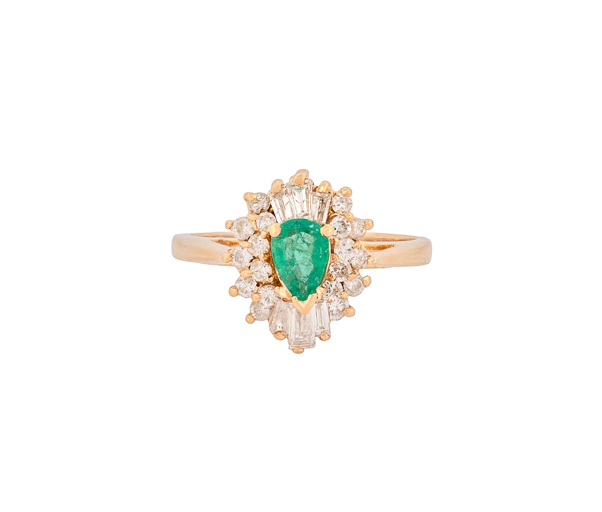 14K Yellow Gold Diamond and Natural Emerald Ballerina Style Ring