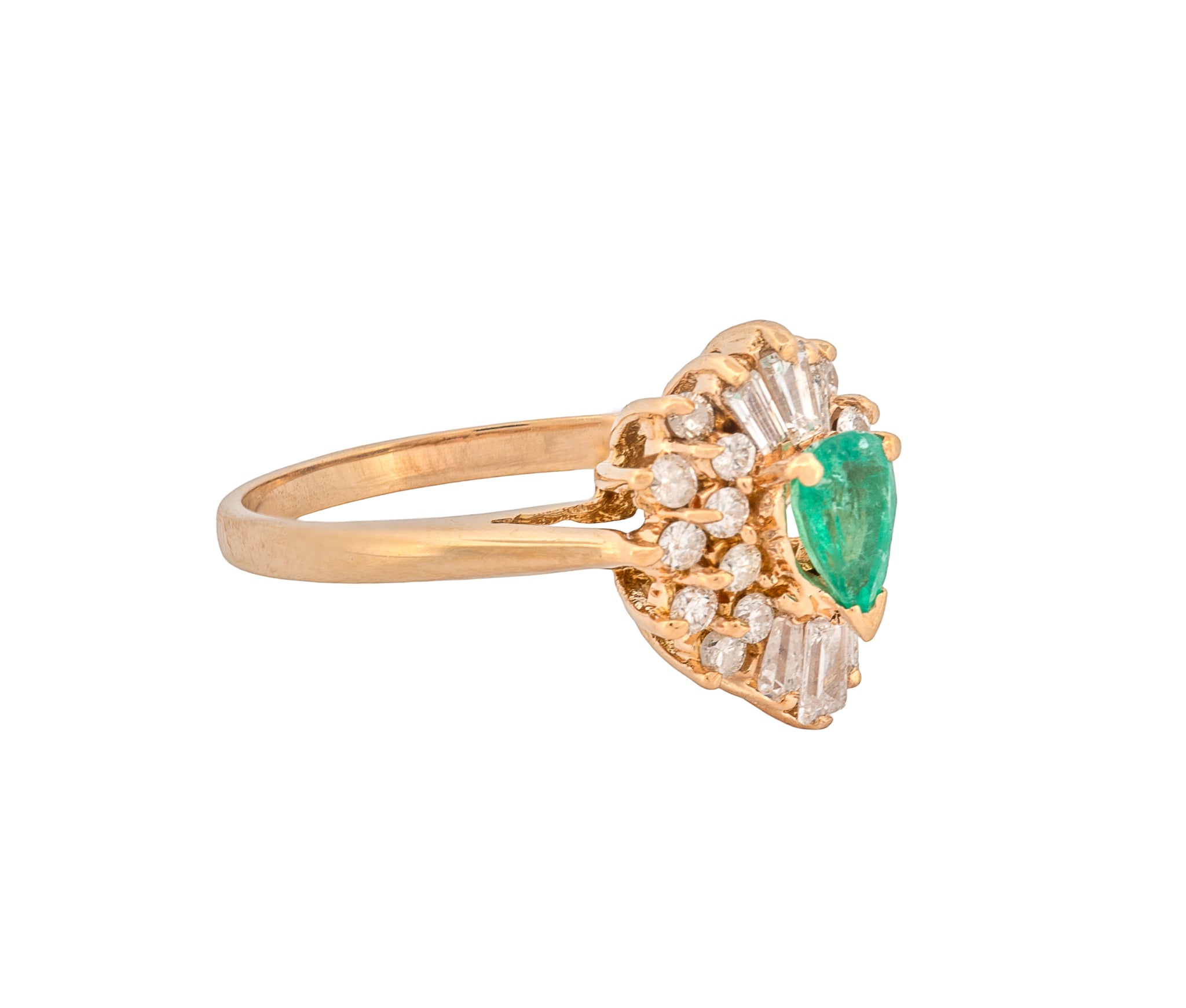 14K Yellow Gold Diamond and Natural Emerald Ballerina Style Ring