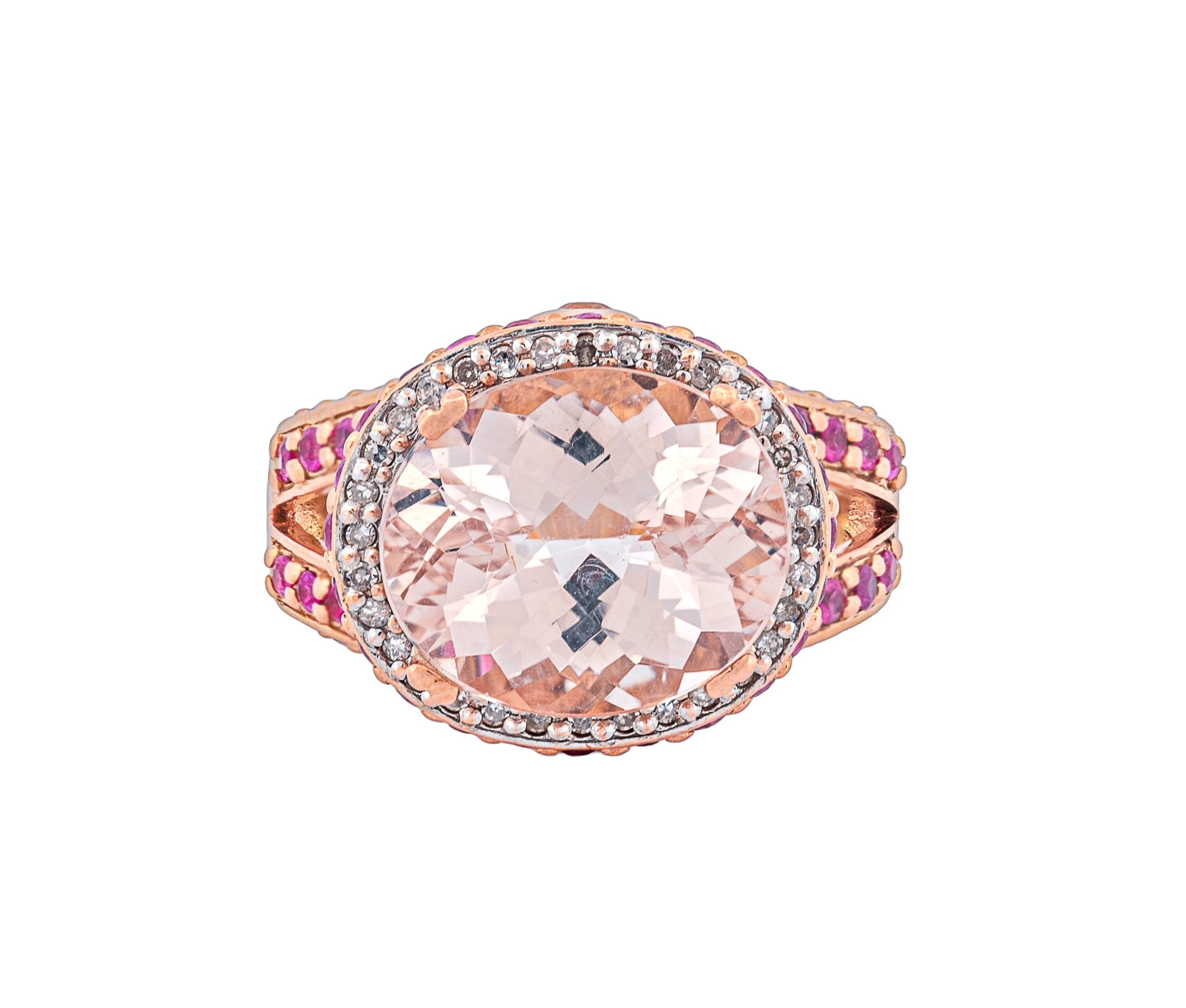 18K Rose Gold Diamond, Morganite & Natural Ruby & Yellow Sapphire Fashion Ring