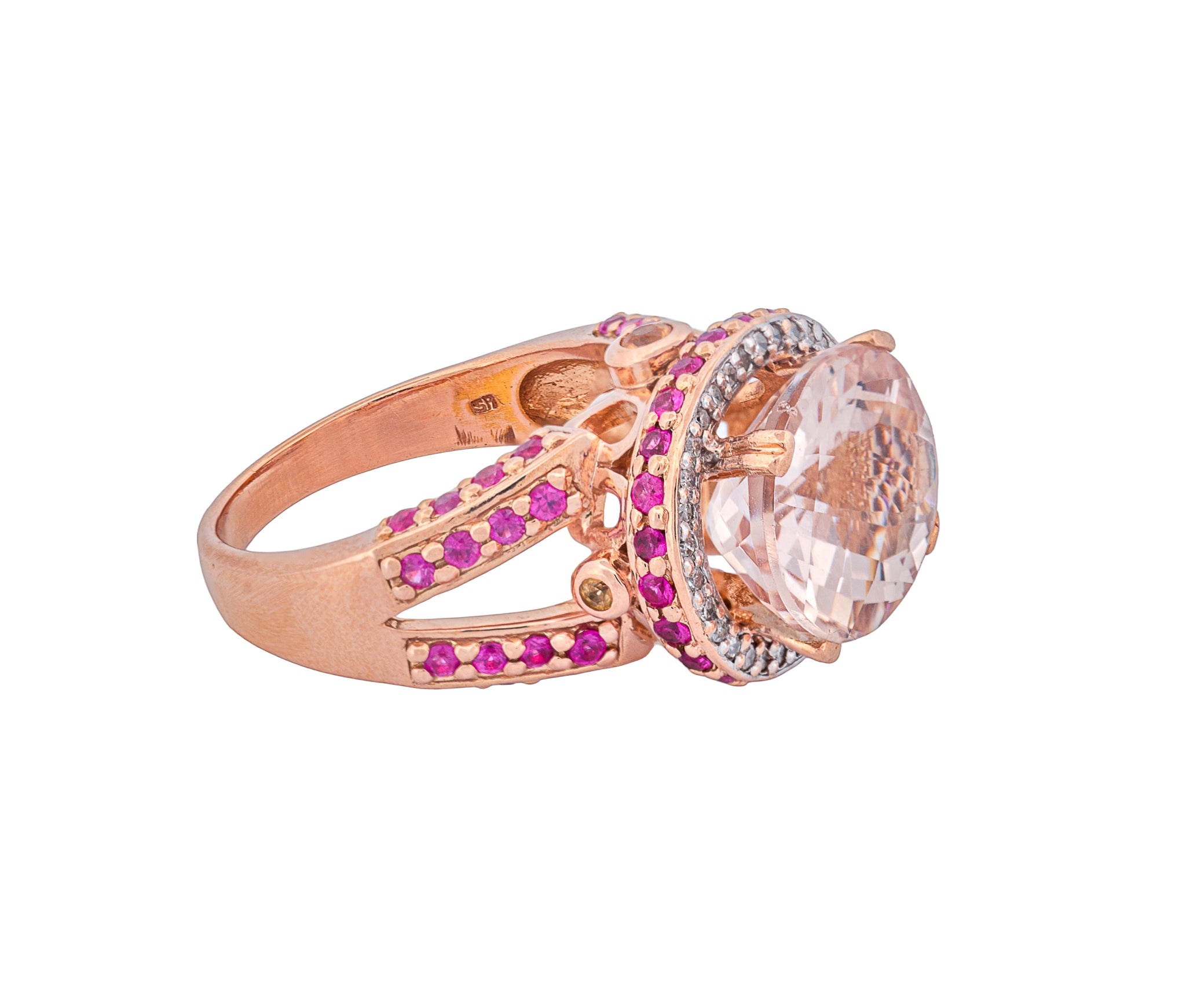 18K Rose Gold Diamond, Morganite & Natural Ruby & Yellow Sapphire Fashion Ring