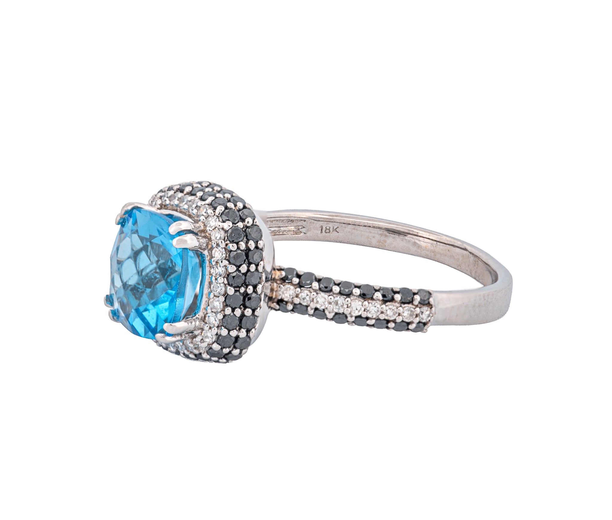 18K White Gold & Swiss Blue Topaz & Fancy Black and White Diamond Ring
