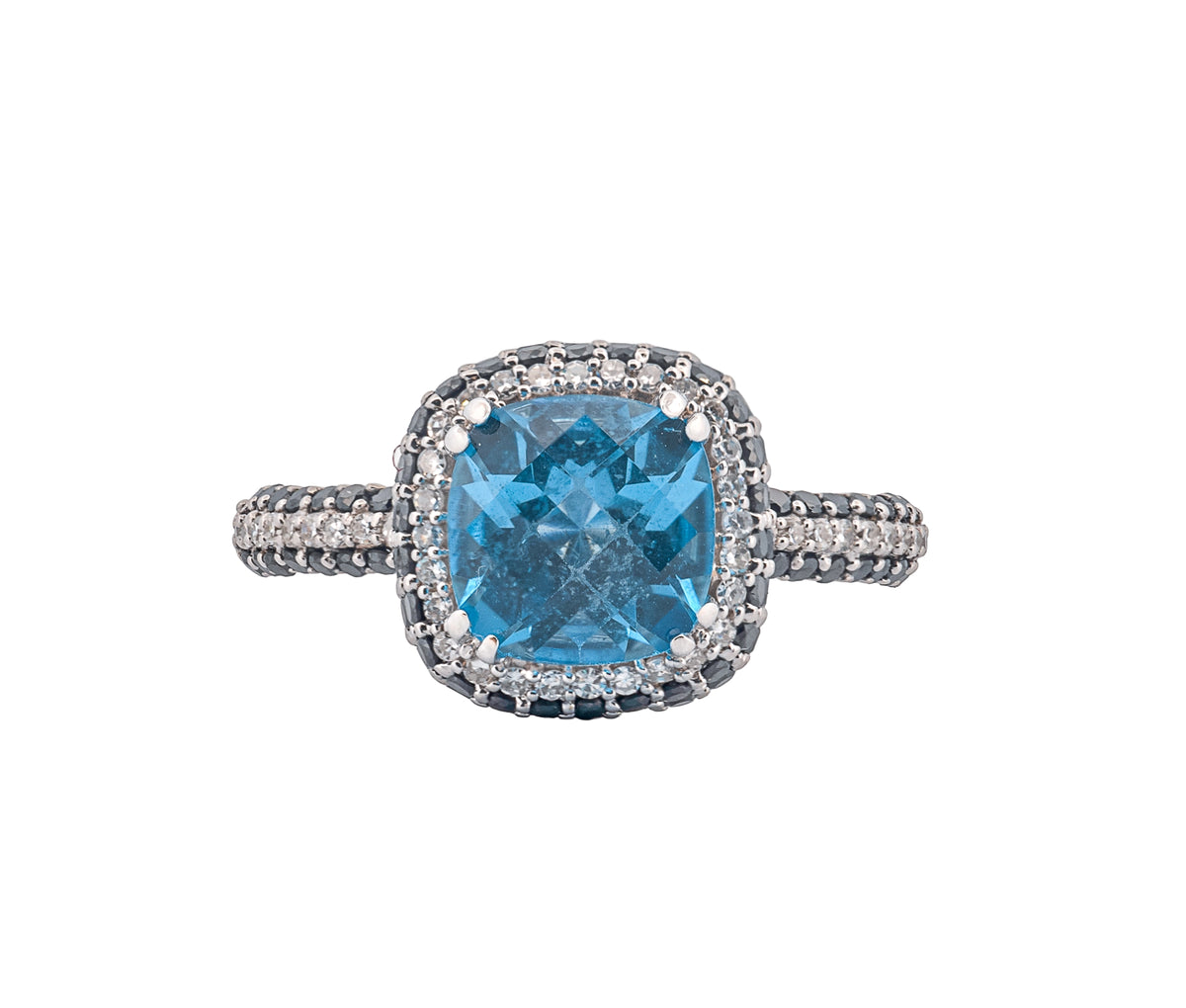 18K White Gold & Swiss Blue Topaz & Fancy Black and White Diamond Ring