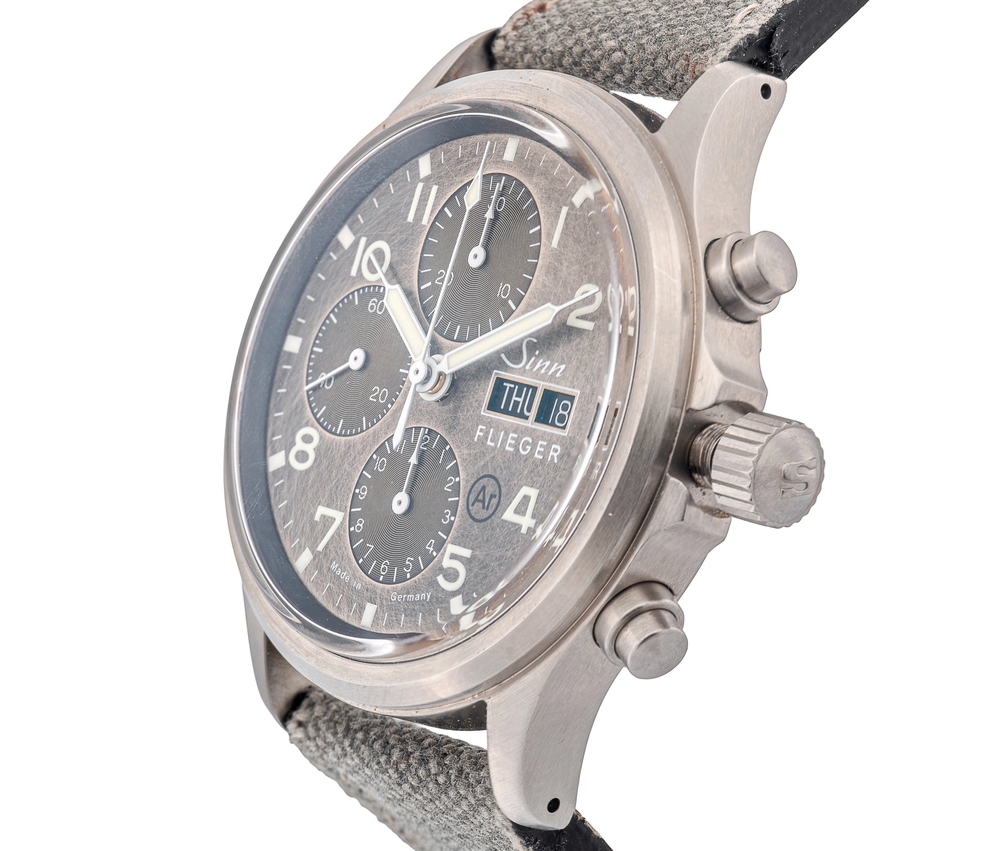 Sinn Flieger Chronograph, 42mm, Etched gray dial, gray canvas strap