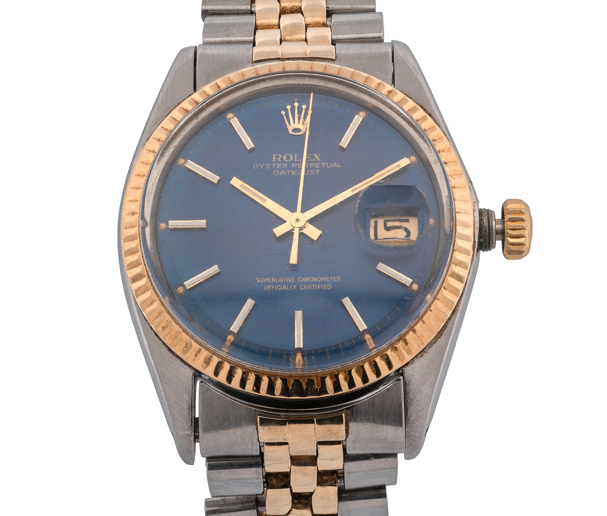 Rolex 36mm 14k/SS Datejust on Jubilee band, blue dial.