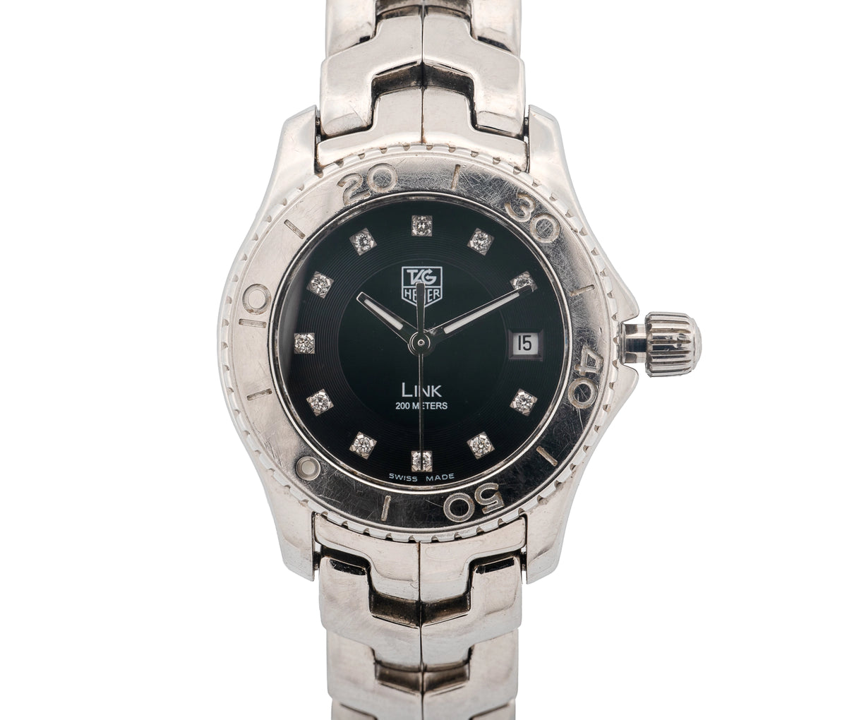 Tag Heuer Link WJ1318 Women's 27mm Stainless Steel Black Diamond Dial Quartz Analog Watch with Sapphire Crystal