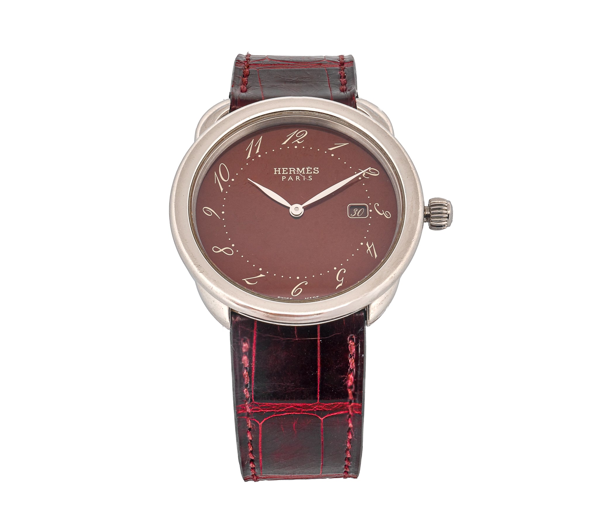 Hermès Arceau Stainless Steel 38mm – Burgundy Dial, Date, Leather Strap