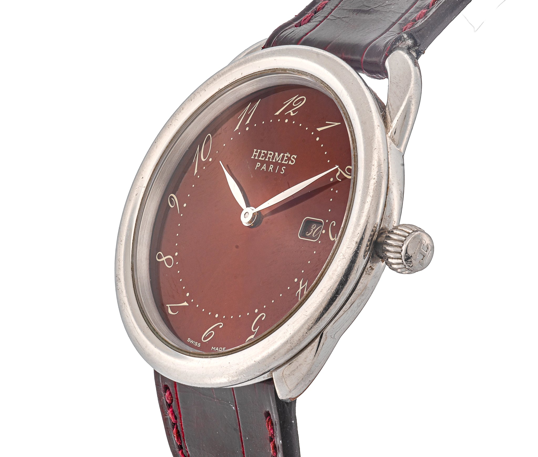 Hermès Arceau Stainless Steel 38mm – Burgundy Dial, Date, Leather Strap