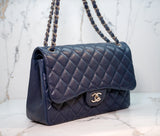 Chanel  Large Navy Blue Caviar Quilted Double Flag Bag