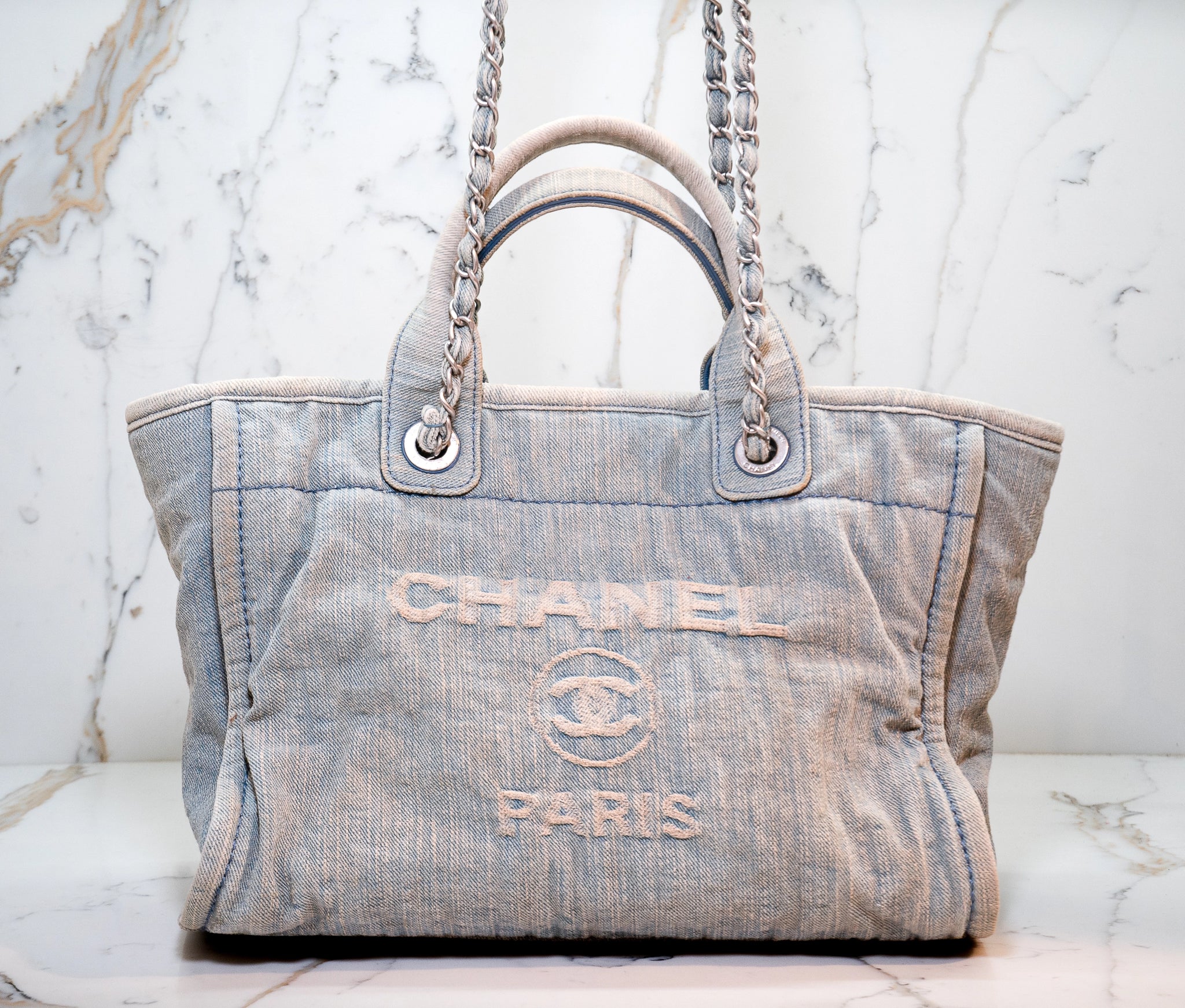 Authentic Chanel Small Deauville Tote with Pouch – Luxury Canvas Shoulder Bag