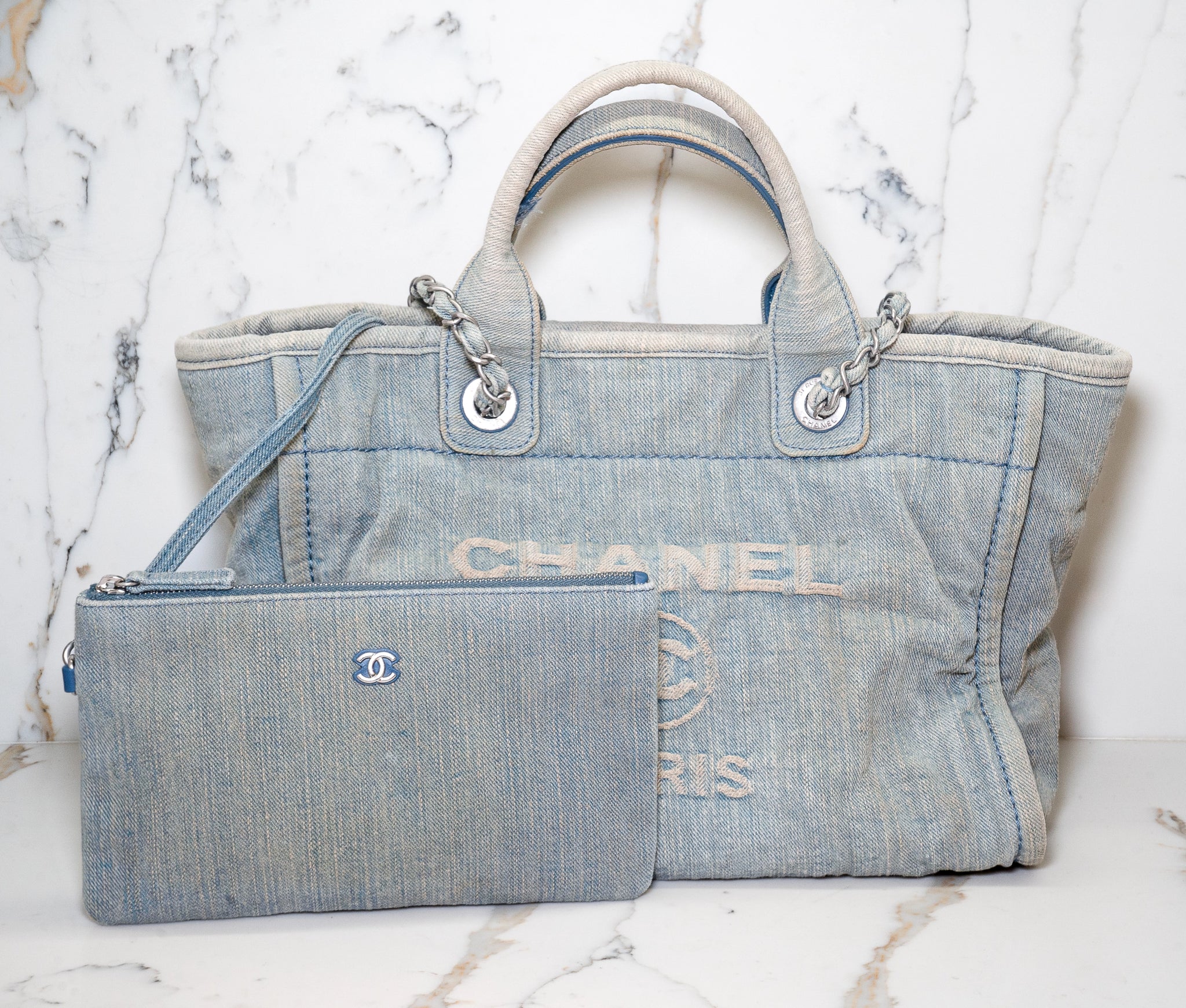 Authentic Chanel Small Deauville Tote with Pouch – Luxury Canvas Shoulder Bag