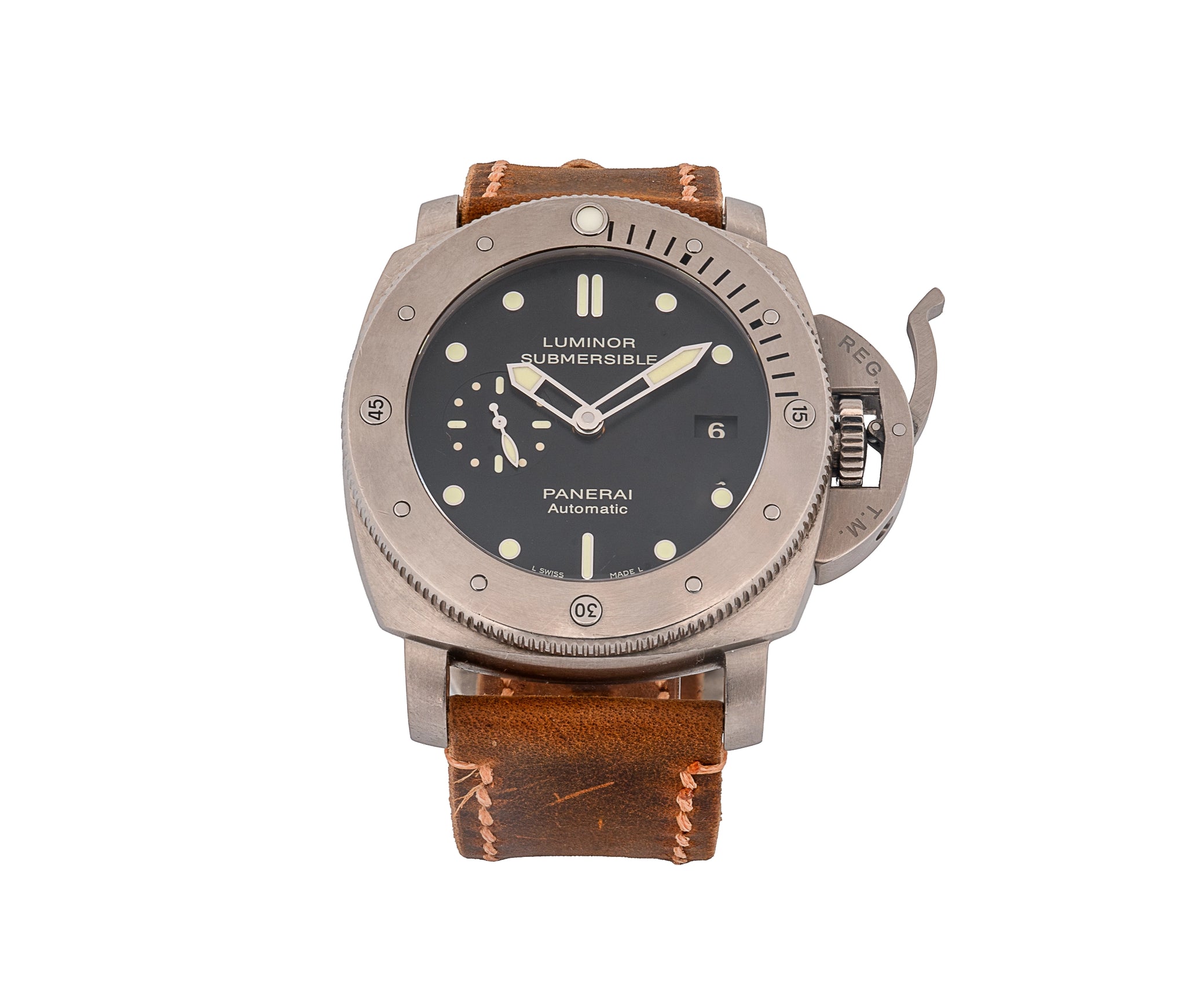 Panerai Luminor Submersible Automatic Black Dial Brown Leather Strap Dive Watch