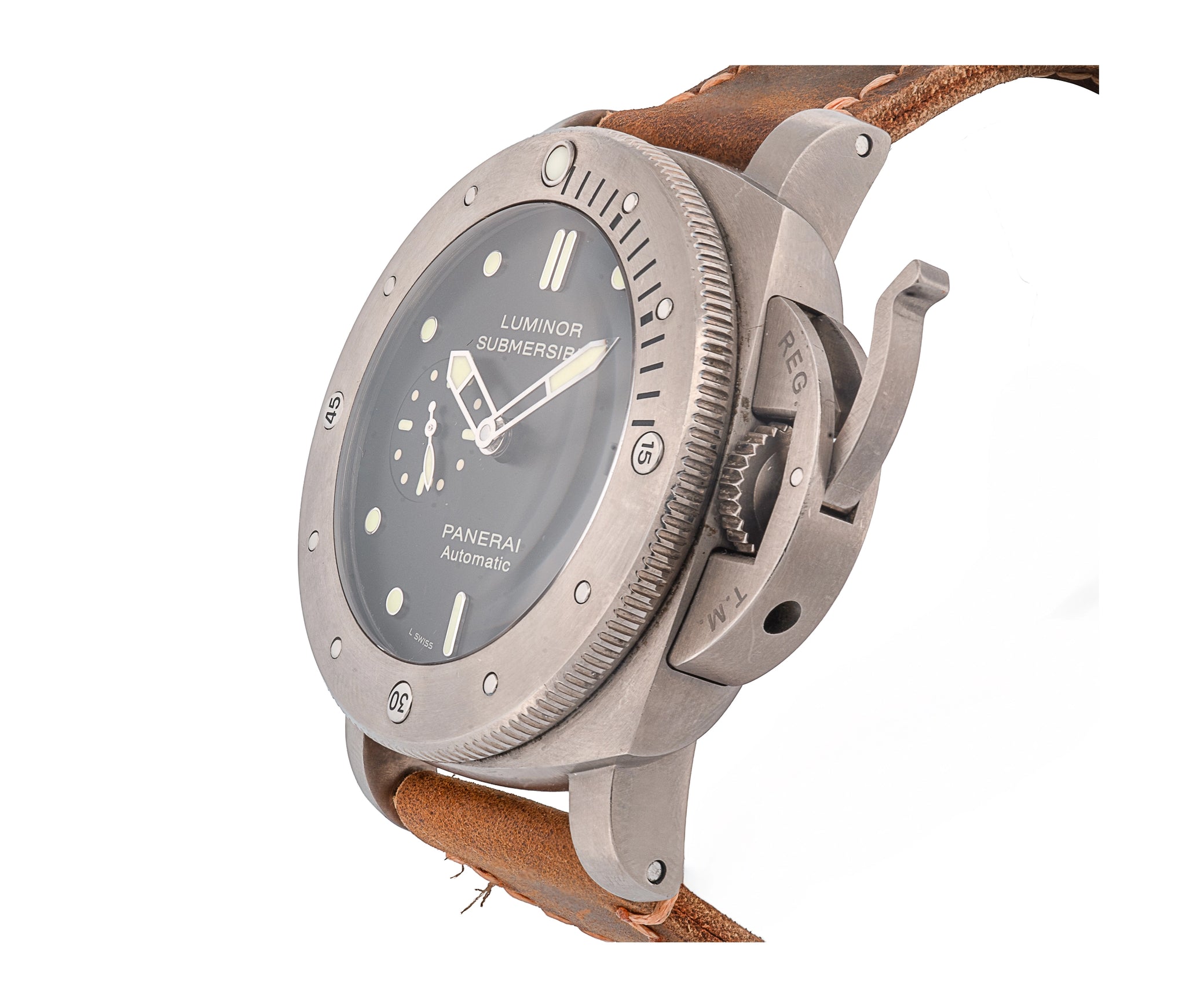 Panerai Luminor Submersible Automatic Black Dial Brown Leather Strap Dive Watch