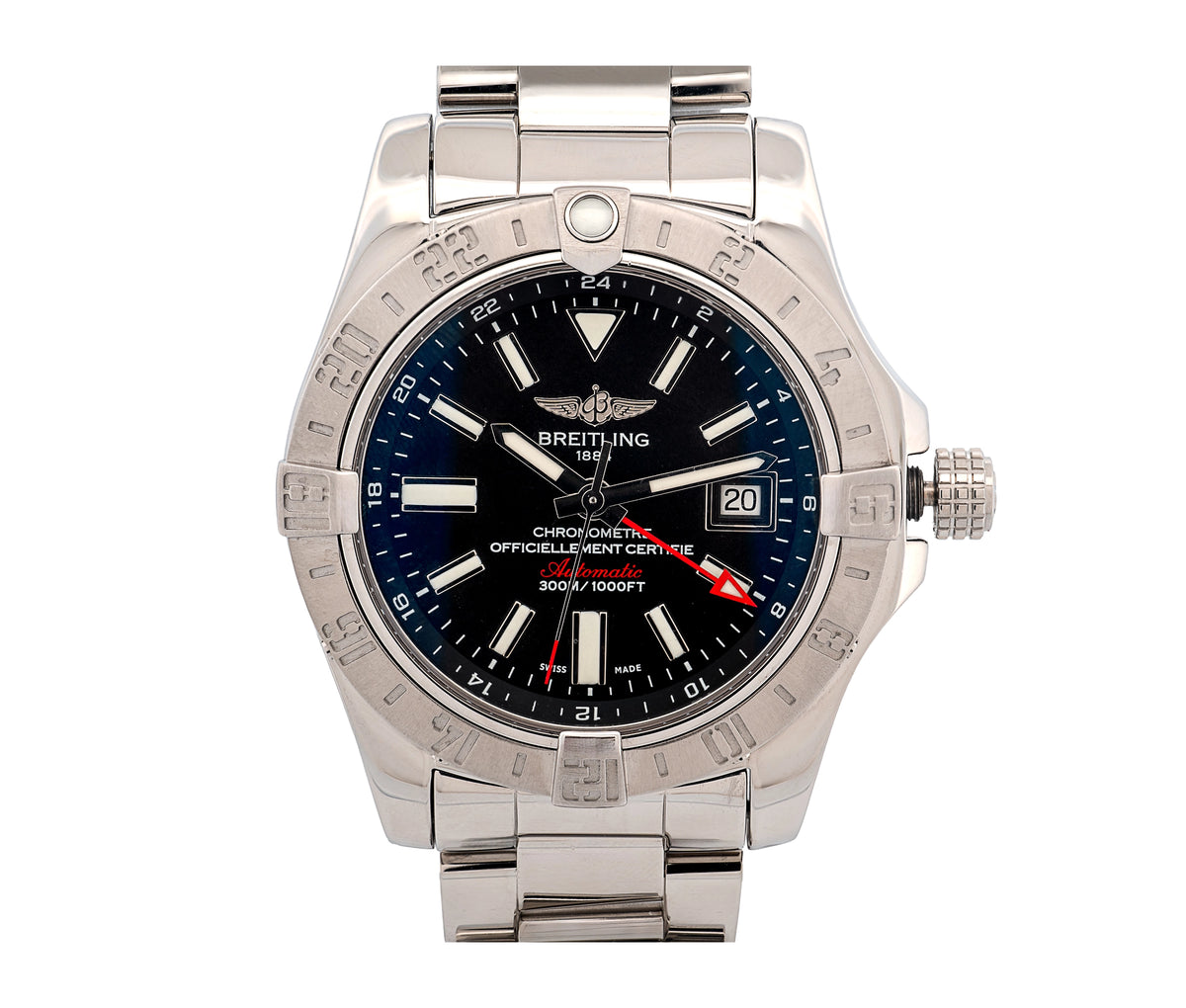 Breitling Avenger II GMT 43mm Automatic Watch A32390 Black Dial Stainless Steel Sapphire Crystal
