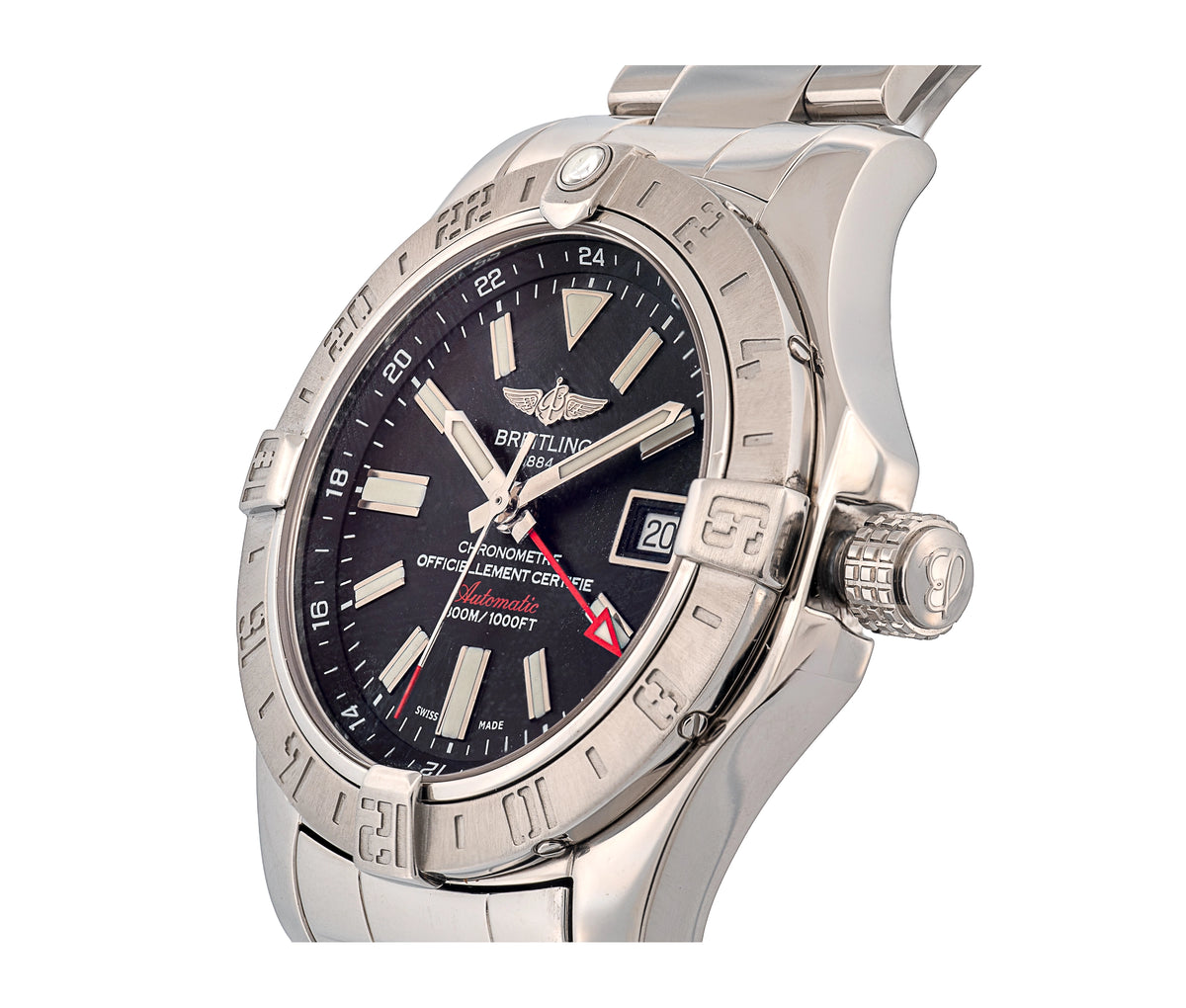 Breitling Avenger II GMT 43mm Automatic Watch A32390 Black Dial Stainless Steel Sapphire Crystal