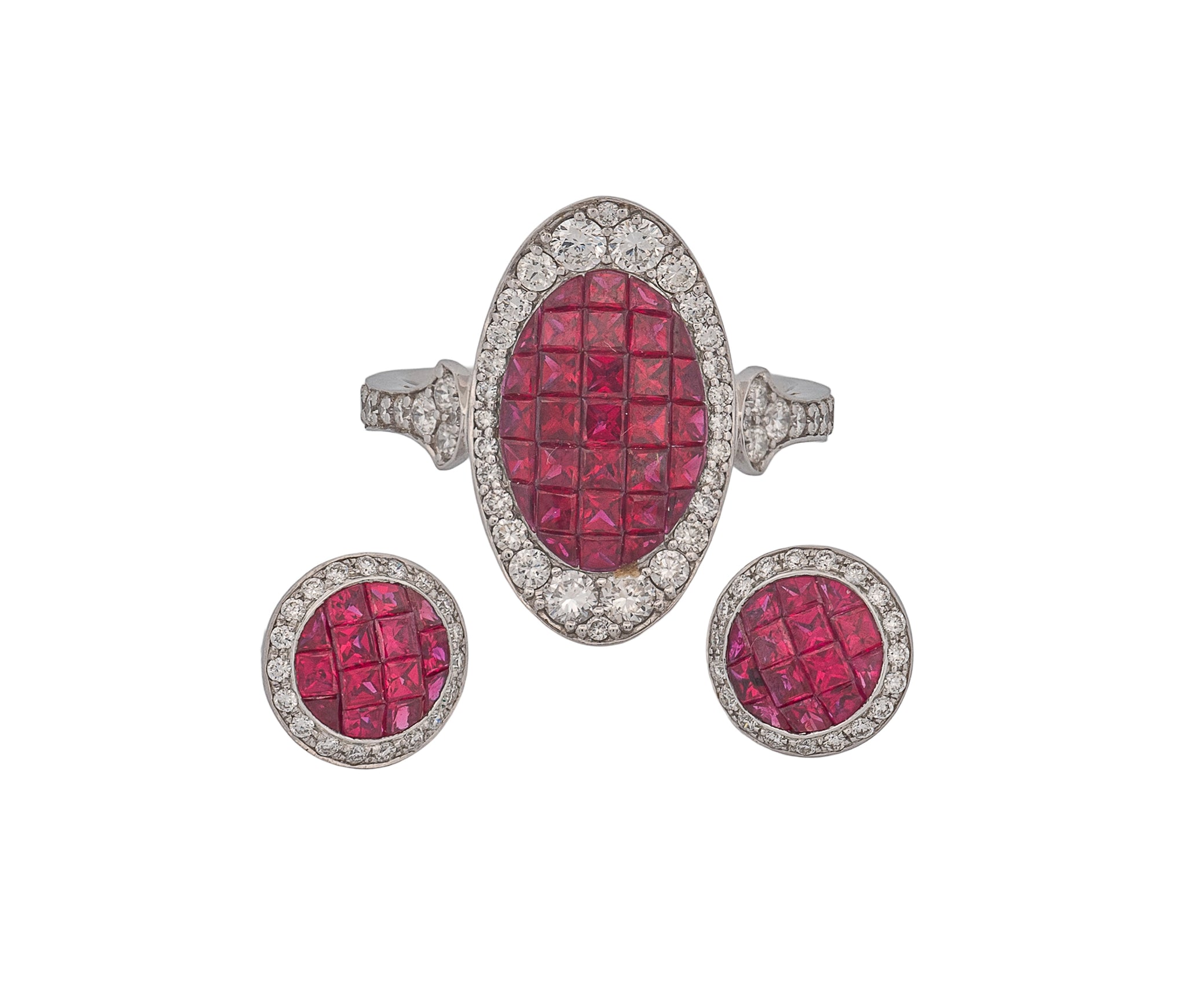 18K White Gold Natural Ruby & Diamond Ring & Earring Set