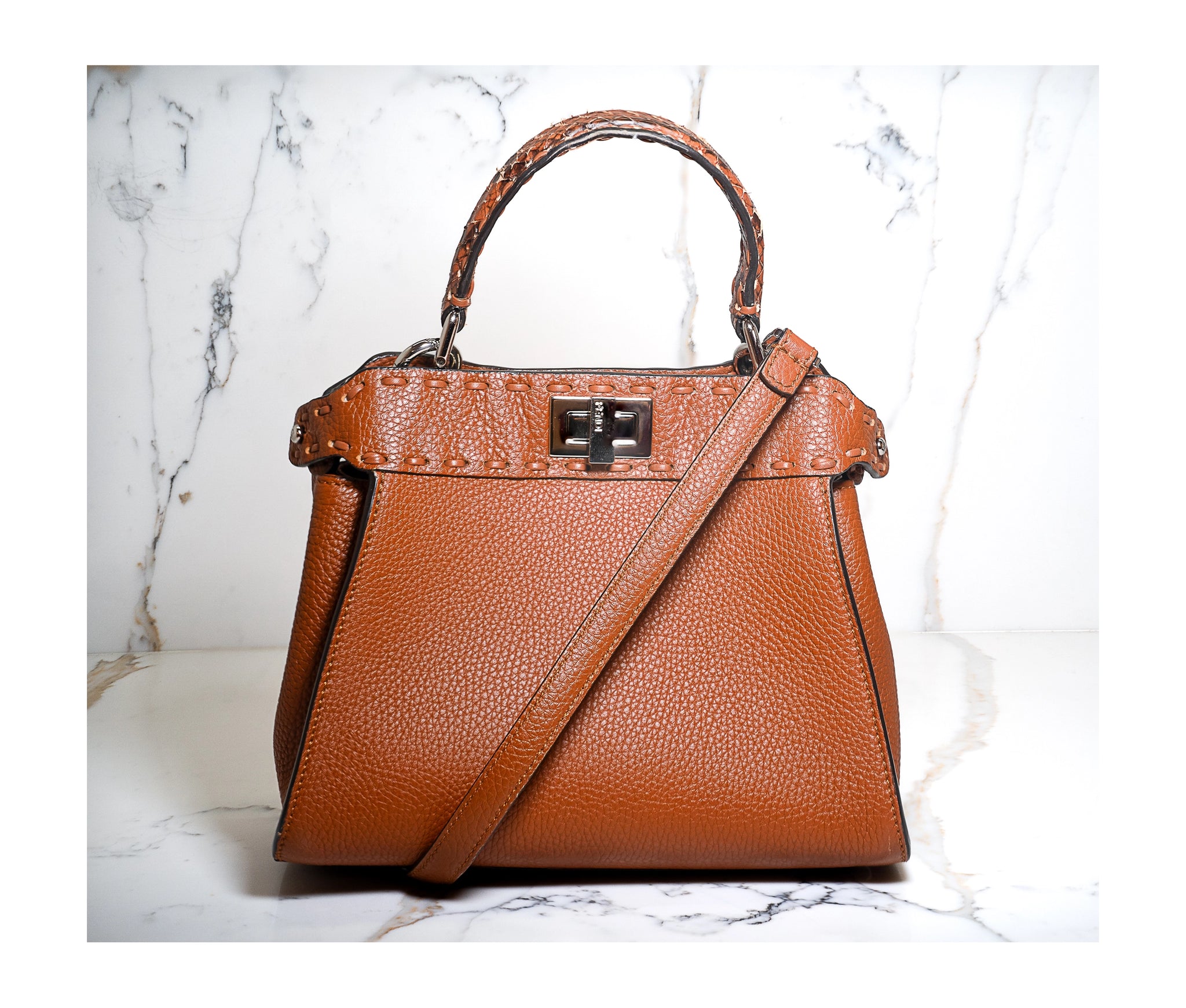 Authentic Fendi Selleria Mini Peekaboo Satchel – Cuoio Romano Leather Snakeskin