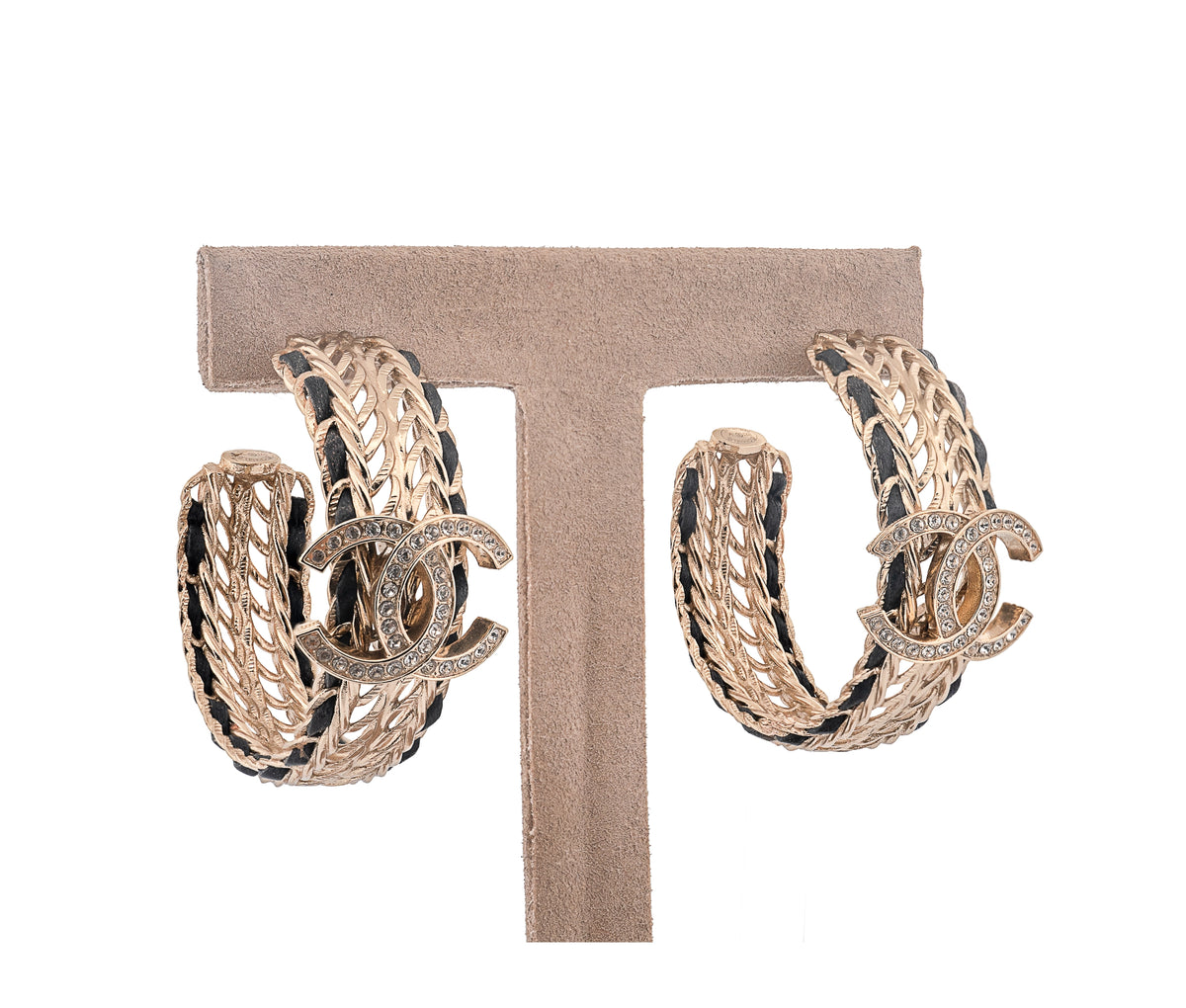 Chanel Crystal Lambskin CC Double Chain Hoop Earrings Gold Black