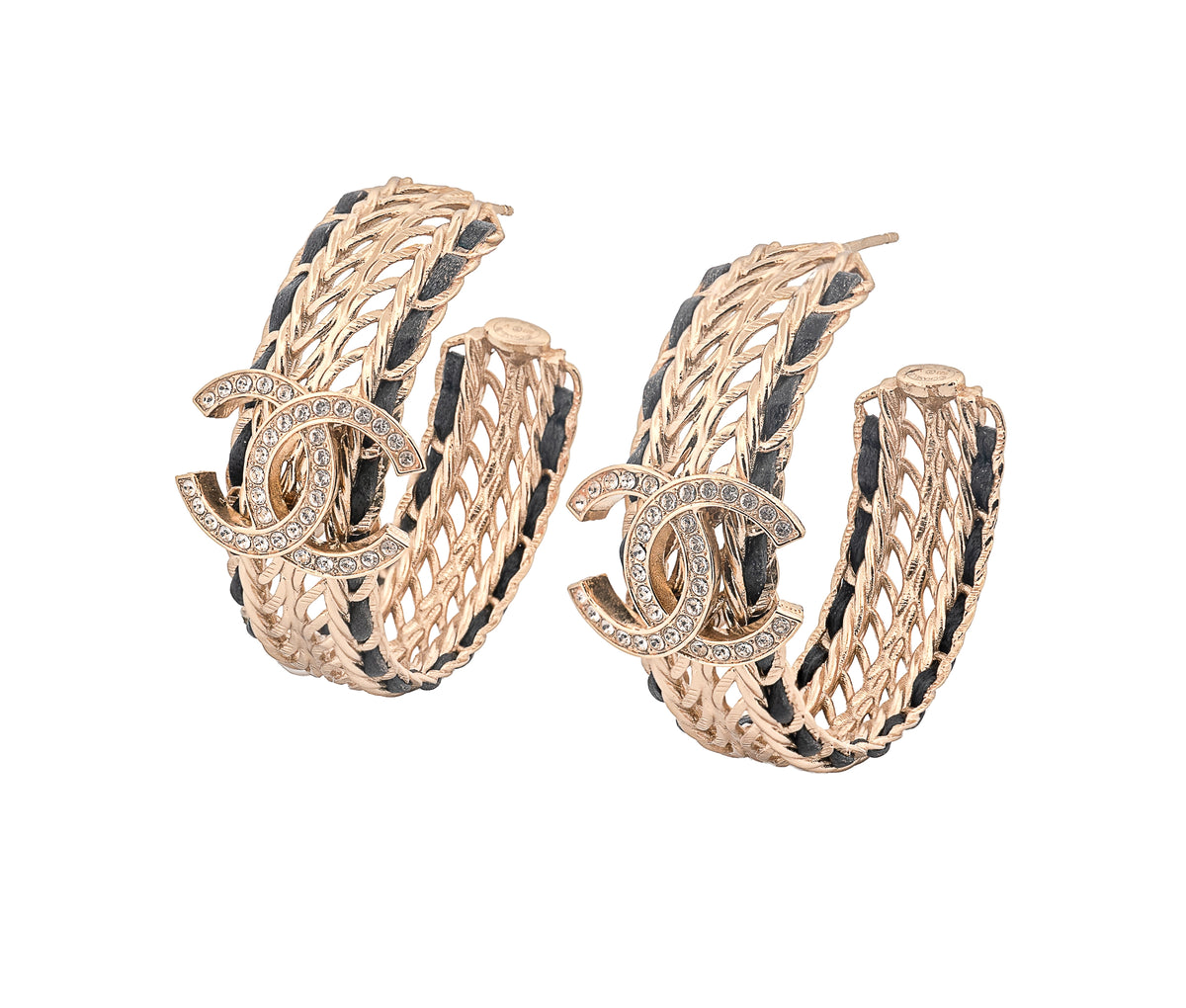 Chanel Crystal Lambskin CC Double Chain Hoop Earrings Gold Black