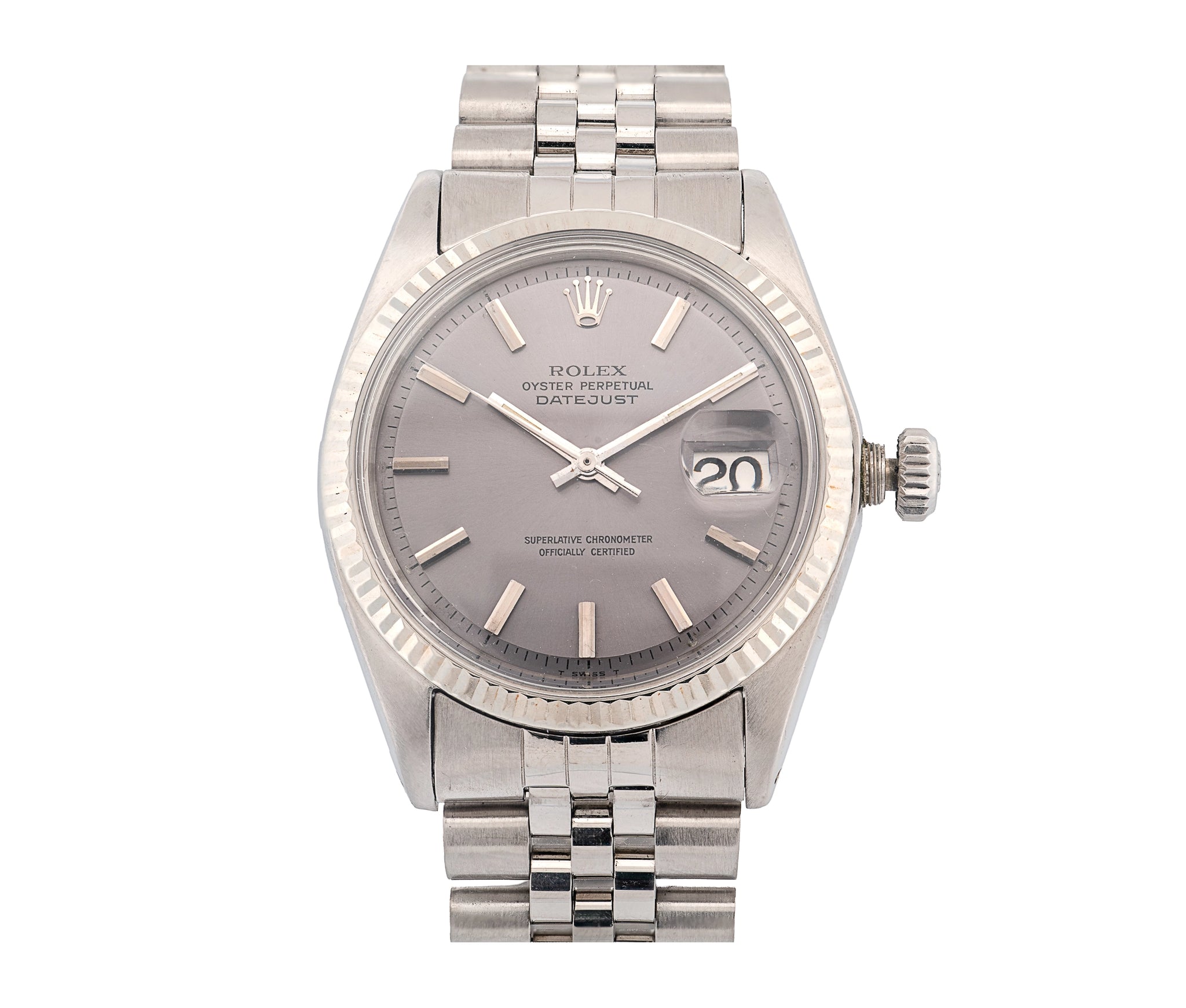 Rolex Datejust Stainless Steel Watch, Gray Dial, 18K White Gold Fluted Bezel