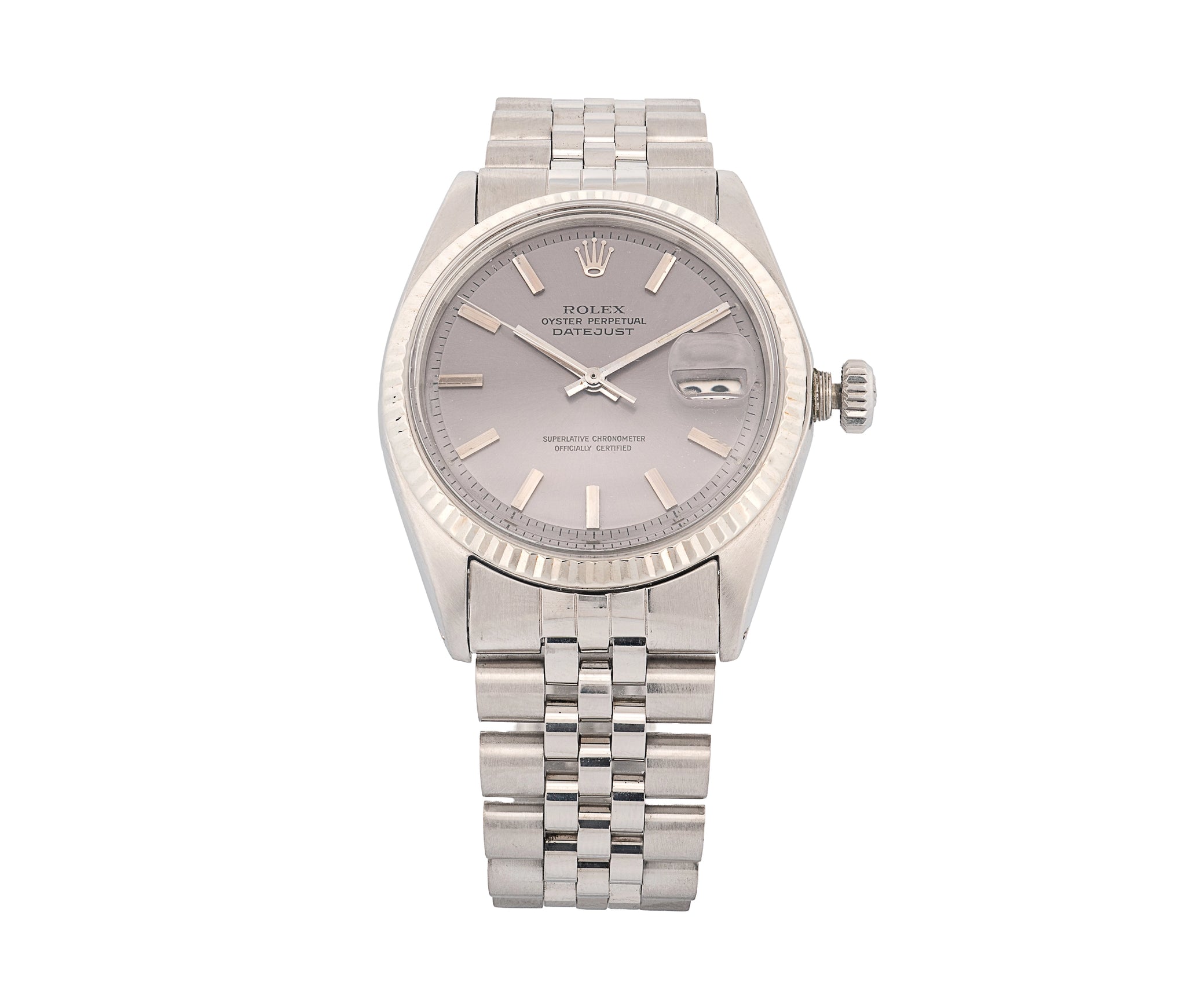 Rolex Datejust Stainless Steel Watch, Gray Dial, 18K White Gold Fluted Bezel