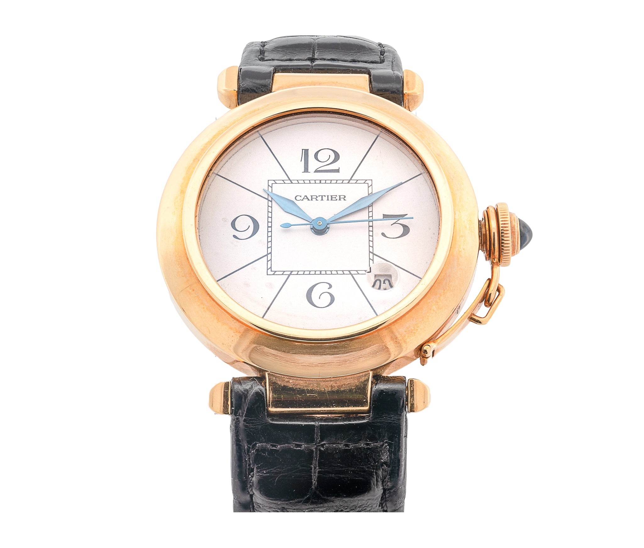 18k yellow gold Cartier Pasha, auto, 38mm, on Croc strap with 18k Tang buckle.