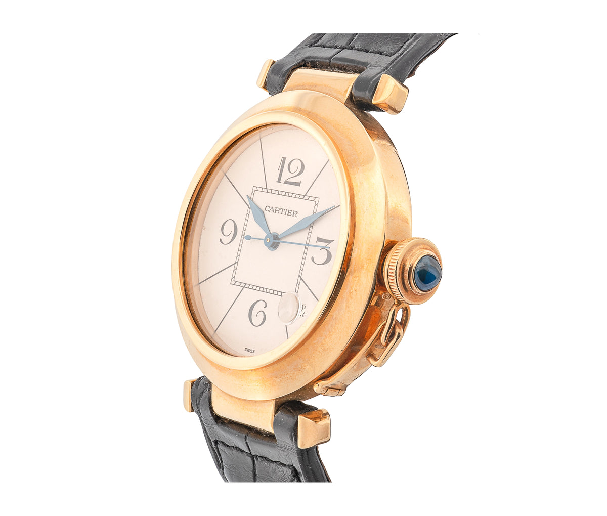 18k yellow gold Cartier Pasha, auto, 38mm, on Croc strap with 18k Tang buckle.