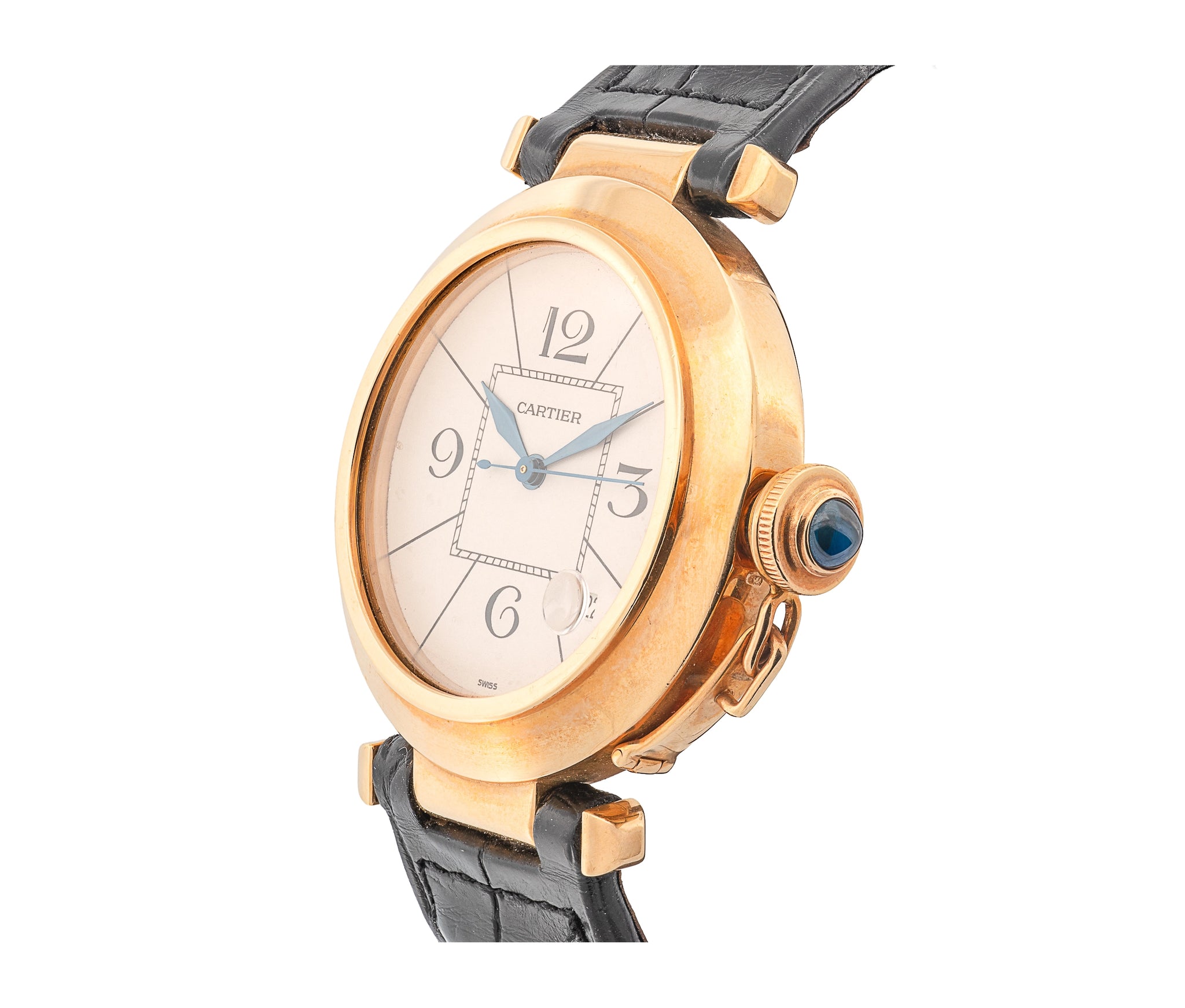 18k yellow gold Cartier Pasha, auto, 38mm, on Croc strap with 18k Tang buckle.